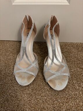Silver Rhinestone Strappy Heels - Women's Evening Sandals